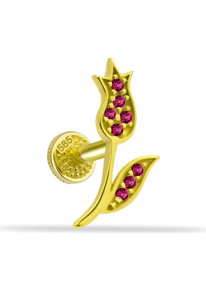 14 Ayar Altın Pembe Taşlı Çiçek Minimal Tragus Piercing