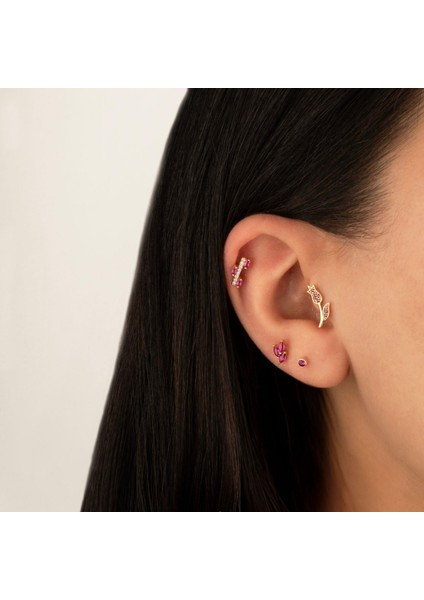 14 Ayar Altın Pembe Taşlı Çiçek Minimal Tragus Piercing