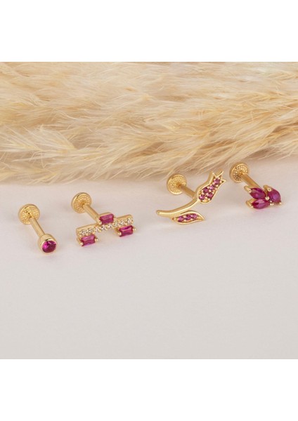 14 Ayar Altın Pembe Taşlı Çiçek Minimal Tragus Piercing