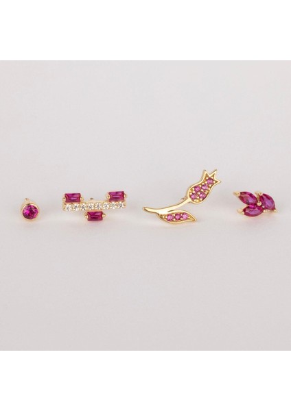 14 Ayar Altın Pembe Taşlı Çiçek Minimal Tragus Piercing