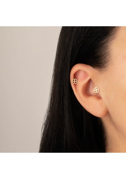 14 Ayar Altın Yonca Motifli Minimal Tragus Piercing