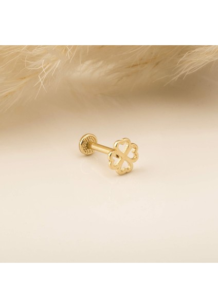 14 Ayar Altın Yonca Motifli Minimal Tragus Piercing