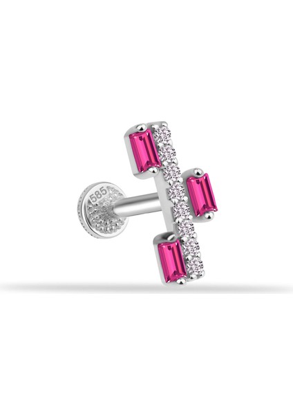 14 Ayar Altın Pembe Baget Taşlı Minimal Tragus Piercing
