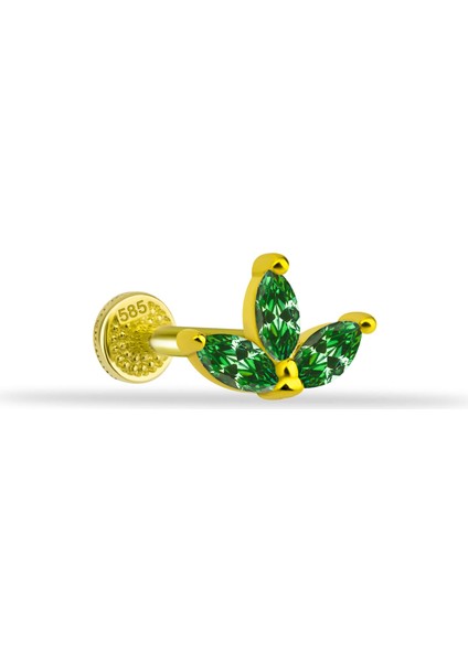 14 Ayar Altın Yeşil Markis Taşlı Minimal Tragus Piercing