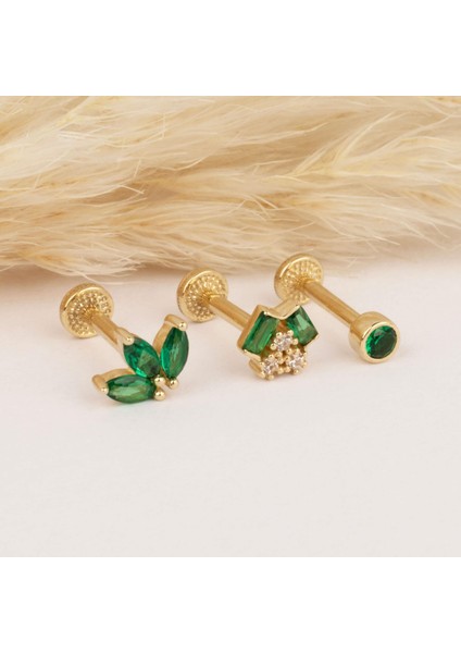 14 Ayar Altın Yeşil Markis Taşlı Minimal Tragus Piercing