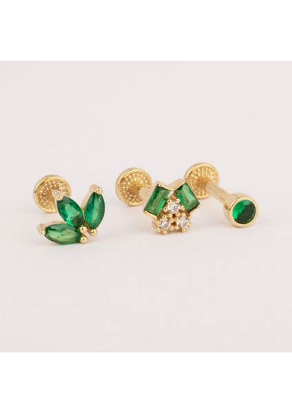 14 Ayar Altın Yeşil Markis Taşlı Minimal Tragus Piercing