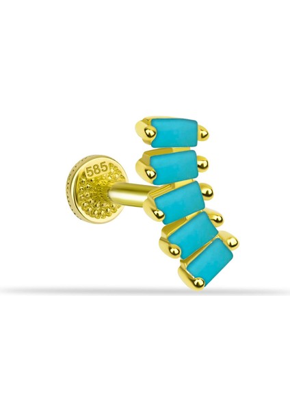 14 Ayar Altın 5 Firuze Rengi Baget Taşlı Minimal Tragus Piercing