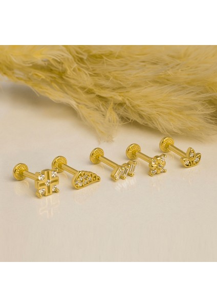 14 Ayar Altın 3 Baget Taşlı Minimal Tragus Piercing
