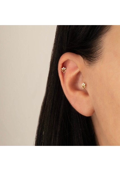 14 Ayar Altın Taşlı Kalp Minimal Tragus Piercing