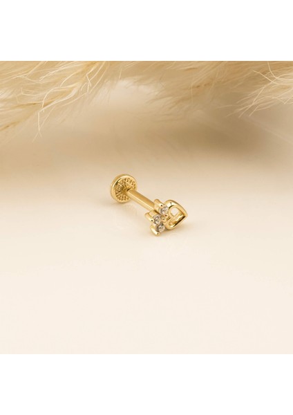 14 Ayar Altın Taşlı Kalp Minimal Tragus Piercing
