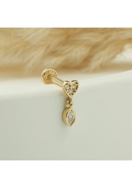 14 Ayar Altın Kalpli Mekik Taş Sallantılı Minimal Tragus Piercing