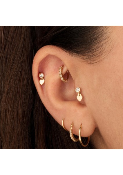 14 Ayar Altın Taşlı Kalp Sallantılı Minimal Tragus Piercing
