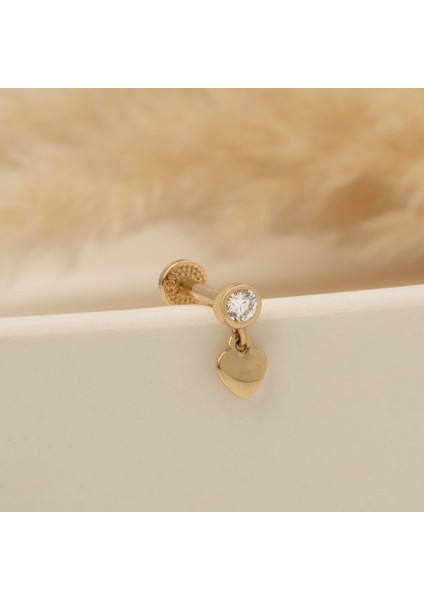 14 Ayar Altın Taşlı Kalp Sallantılı Minimal Tragus Piercing