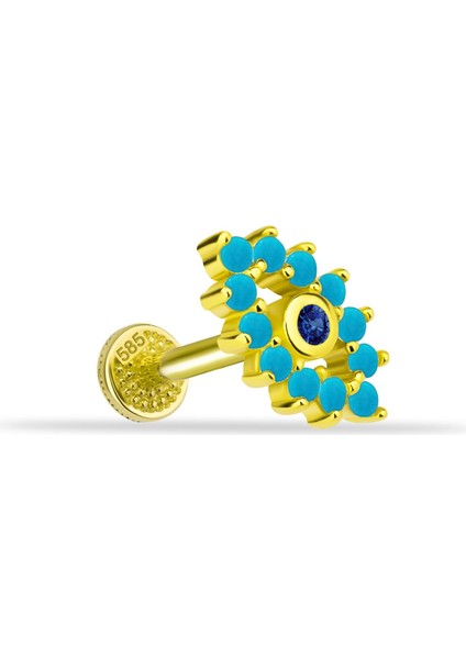 14 Ayar Altın Firuze Rengi ve Lacivert Taşlı Göz Minimal Tragus Piercing