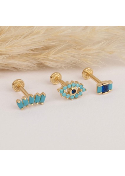 14 Ayar Altın Firuze Rengi ve Lacivert Taşlı Göz Minimal Tragus Piercing