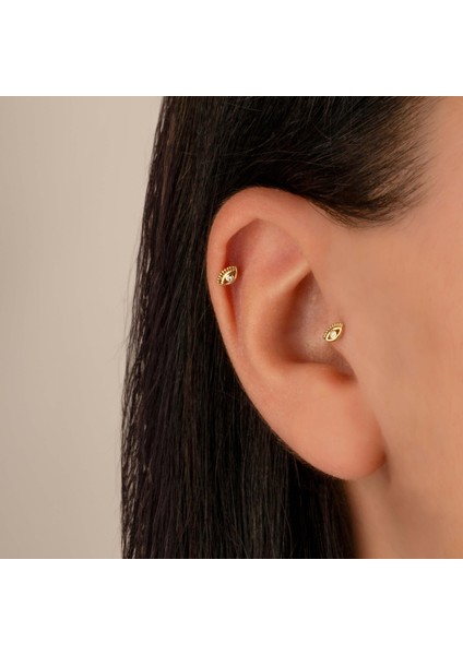 14 Ayar Altın Taşlı Göz Motifli Minimal Tragus Piercing
