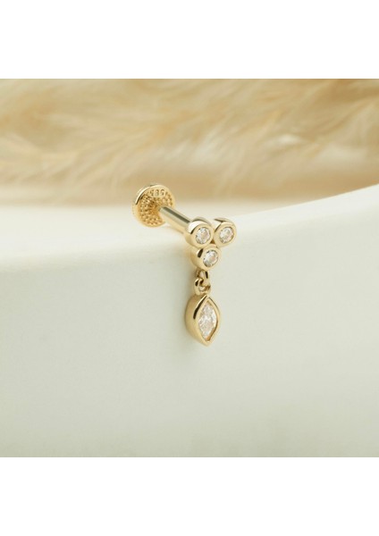 14 Ayar Altın 3 Taşlı Sallantılı Minimal Tragus Piercing