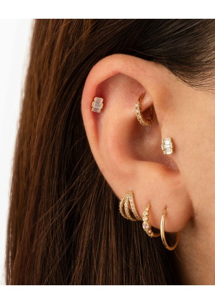 14 Ayar Altın 3 Baget Taşlı Minimal Tragus Piercing