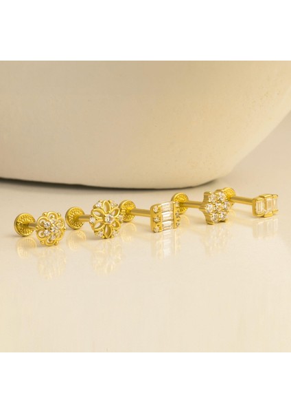 14 Ayar Altın 3 Baget Taşlı Minimal Tragus Piercing