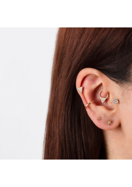 14 Ayar Altın Taşlı Çiçek Motifli Minimal Tragus Piercing