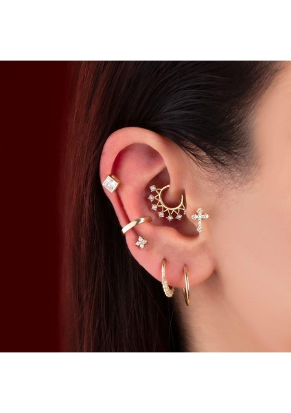 14 Ayar Altın Taşlı Haç Motifli Minimal Tragus Piercing