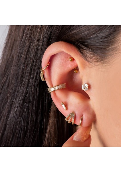 14 Ayar Altın Baget Taşlı Minimal Tragus Piercing