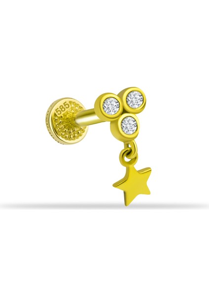 14 Ayar Altın 3 Taşlı Yıldız Sallantılı Minimal Tragus Piercing
