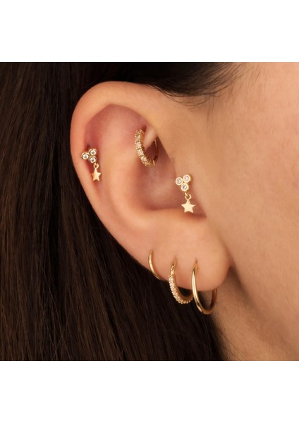 14 Ayar Altın 3 Taşlı Yıldız Sallantılı Minimal Tragus Piercing