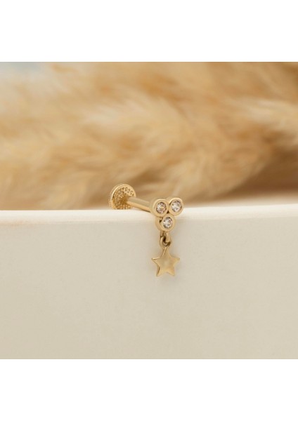 14 Ayar Altın 3 Taşlı Yıldız Sallantılı Minimal Tragus Piercing