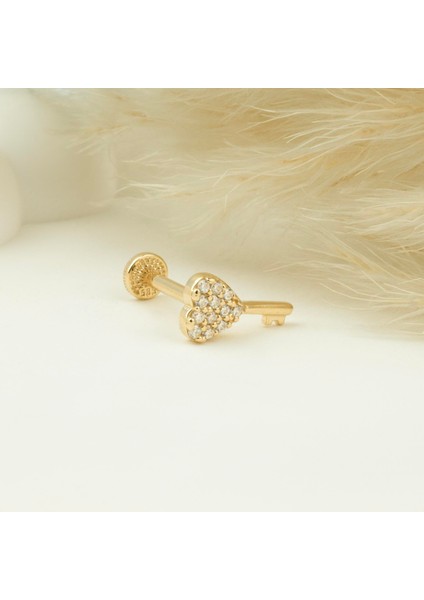 14 Ayar Altın Taşlı Kalbin Anahtarı Minimal Tragus Piercing