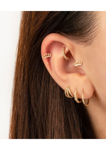 14 Ayar Altın Taşlı Taç Motfili Minimal Tragus Piercing