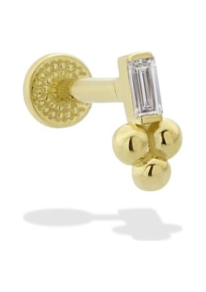 14 Ayar Altın Baget Taşlı 3 Toplu Motifli Minimal Tragus Piercing
