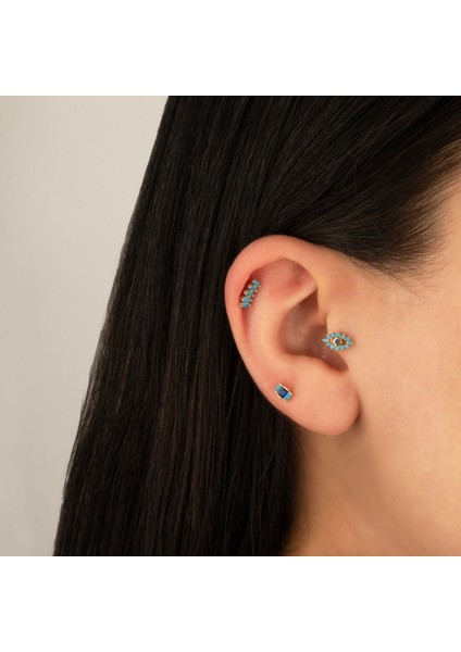 14 Ayar Altın 3 Baget Firuze Rengi ve Lacivert Taşlı Göz Minimal Tragus Piercing