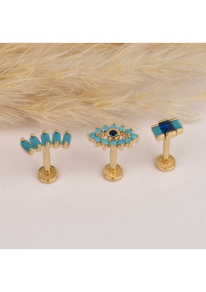 14 Ayar Altın 3 Baget Firuze Rengi ve Lacivert Taşlı Göz Minimal Tragus Piercing