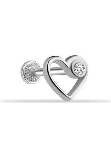 14 Ayar Altın Taşlı Kalp Motifli Minimal Tragus Piercing