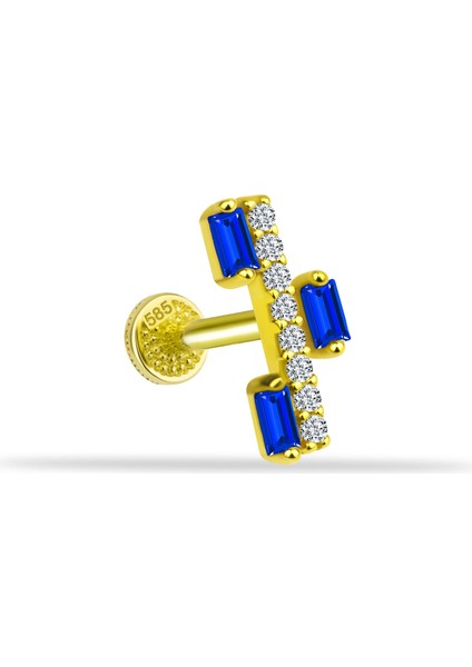 14 Ayar Altın Lacivert Baget Taşlı Minimal Tragus Piercing