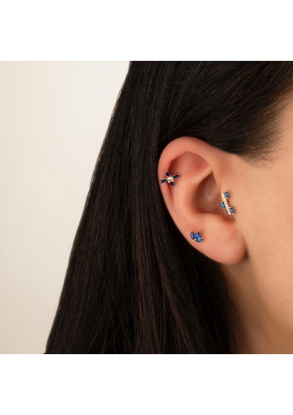 14 Ayar Altın Lacivert Baget Taşlı Minimal Tragus Piercing