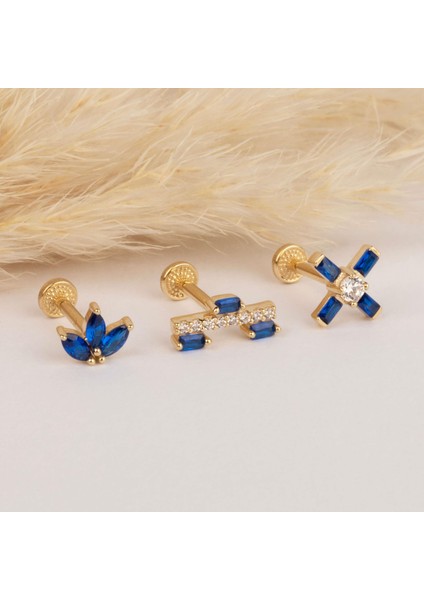 14 Ayar Altın Lacivert Baget Taşlı Minimal Tragus Piercing