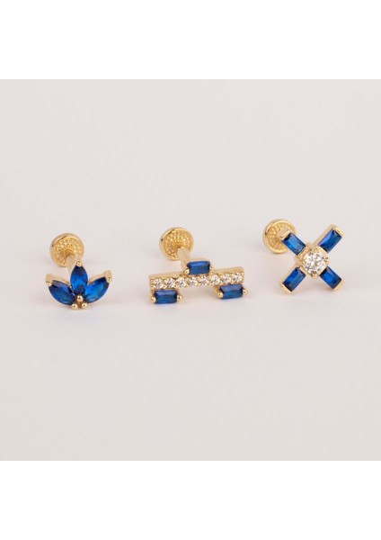 14 Ayar Altın Lacivert Baget Taşlı Minimal Tragus Piercing