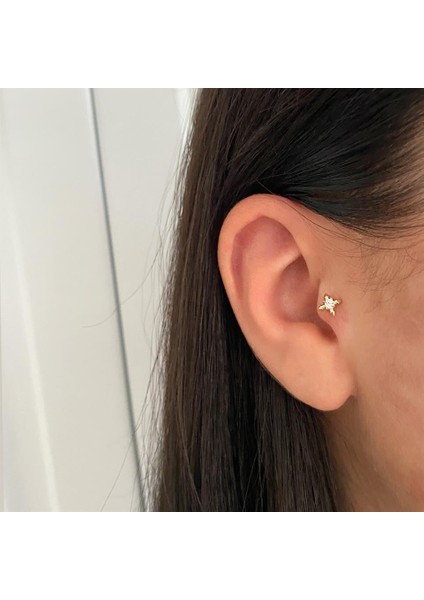 14 Ayar Altın Taşlı 4 Ok Motifli Minimal Tragus Piercing