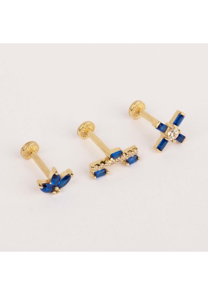 14 Ayar Altın Lacivert Markis Taşlı Minimal Tragus Piercing