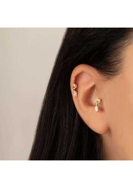 14 Ayar Altın Taşlı Kıvrım Minimal Tragus Piercing