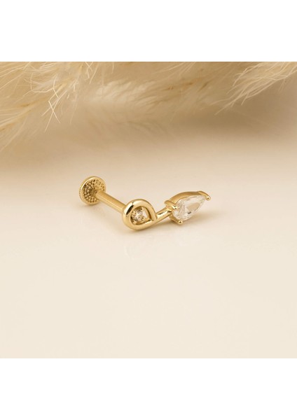 14 Ayar Altın Taşlı Kıvrım Minimal Tragus Piercing