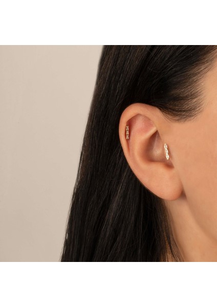 14 Ayar Altın 3 Baget Taşlı Minimal Tragus Piercing