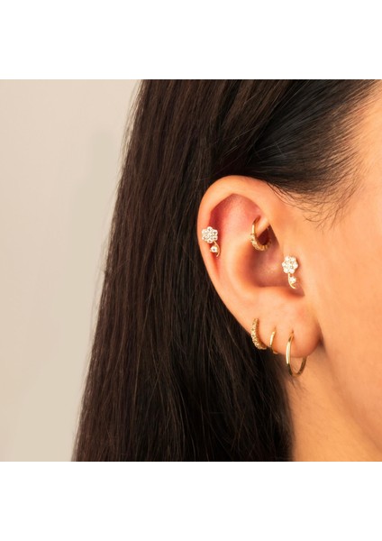 14 Ayar Altın Taşlı Çiçek Minimal Tragus Piercing