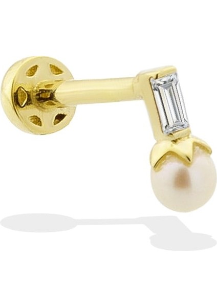 14 Ayar Altın Baget Taşlı ve Incili Minimal Tragus Piercing