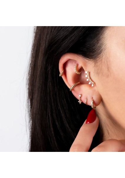 14 Ayar Altın Taşlı Motifli Minimal Tragus Piercing