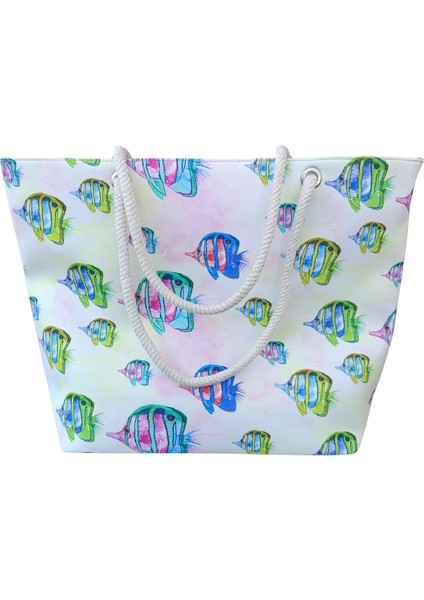 Kadın Plaj Çantası Balık Resimleri Desenli Piknik ve Günlük Kullanım Yumuşak Halat Saplı