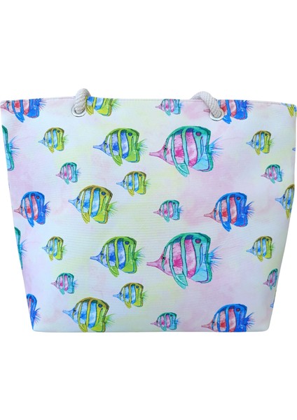 Kadın Plaj Çantası Balık Resimleri Desenli Piknik ve Günlük Kullanım Yumuşak Halat Saplı fiyatları
