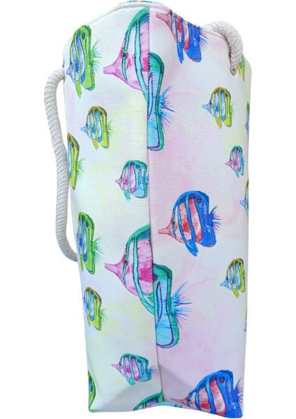 Kadın Plaj Çantası Balık Resimleri Desenli Piknik ve Günlük Kullanım Yumuşak Halat Saplı modelleri